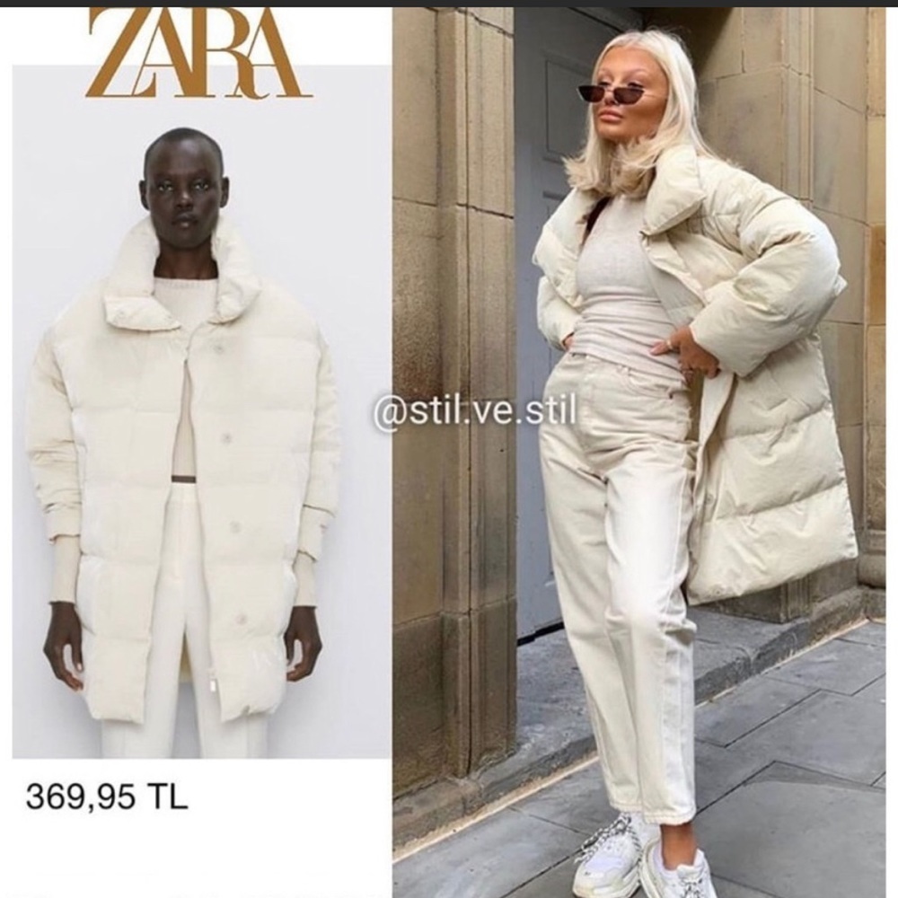 ZARA Puffer Coat Jacket White Down Filled S - Picture 1 of 6